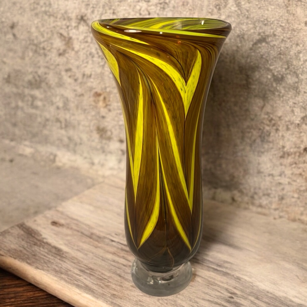 Hand Blown Art Glass Vase Swirl Brown Green Chartreuse Footed 10 in. OOAK art